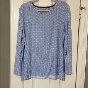 Blue and white small print long sleeved stretch cotton shirt.